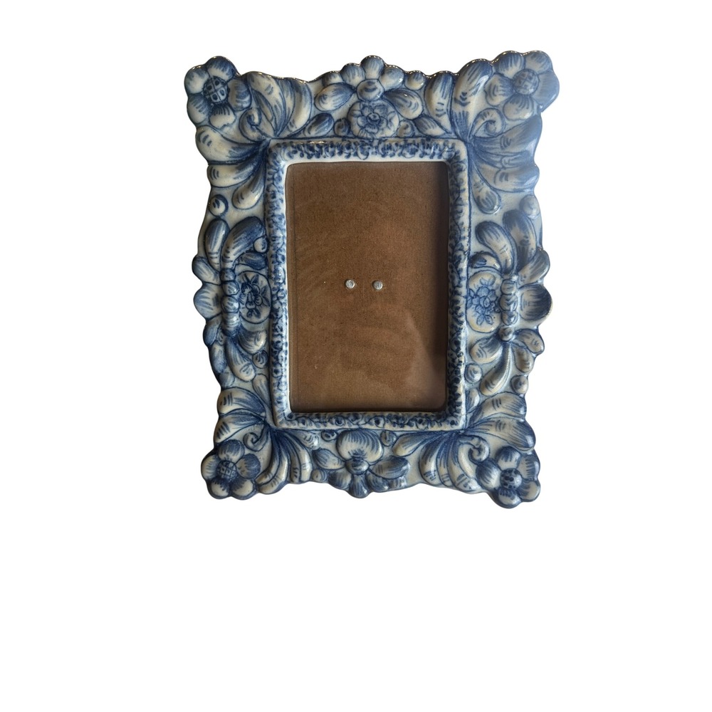 Vintage Sant'Anna Lisbon Portuguese Pottery Blue White Floral Ceramic Frame